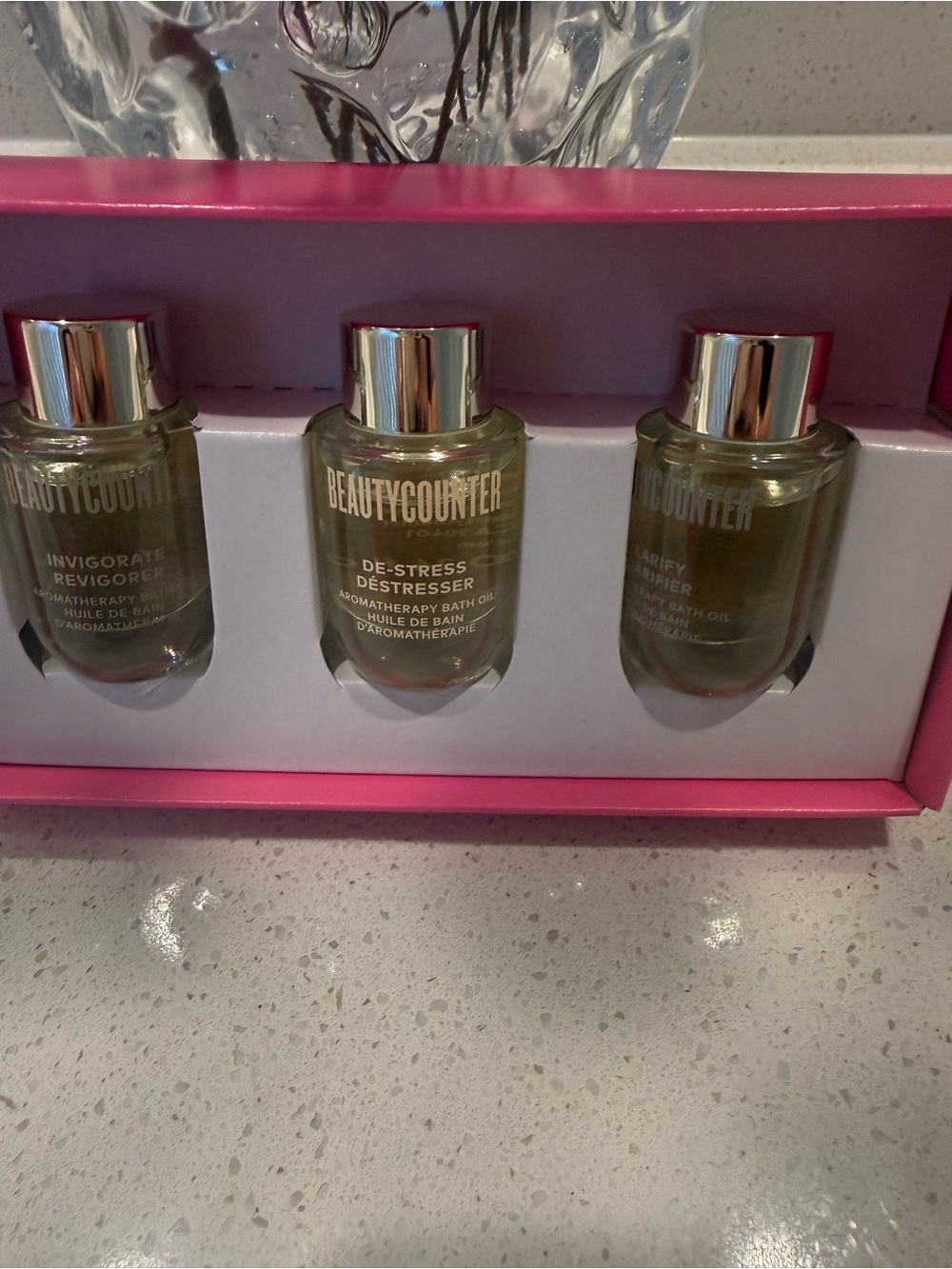 beautycounter Aromatherapy Bath Oil Trio - Pink Box with Silver Caps